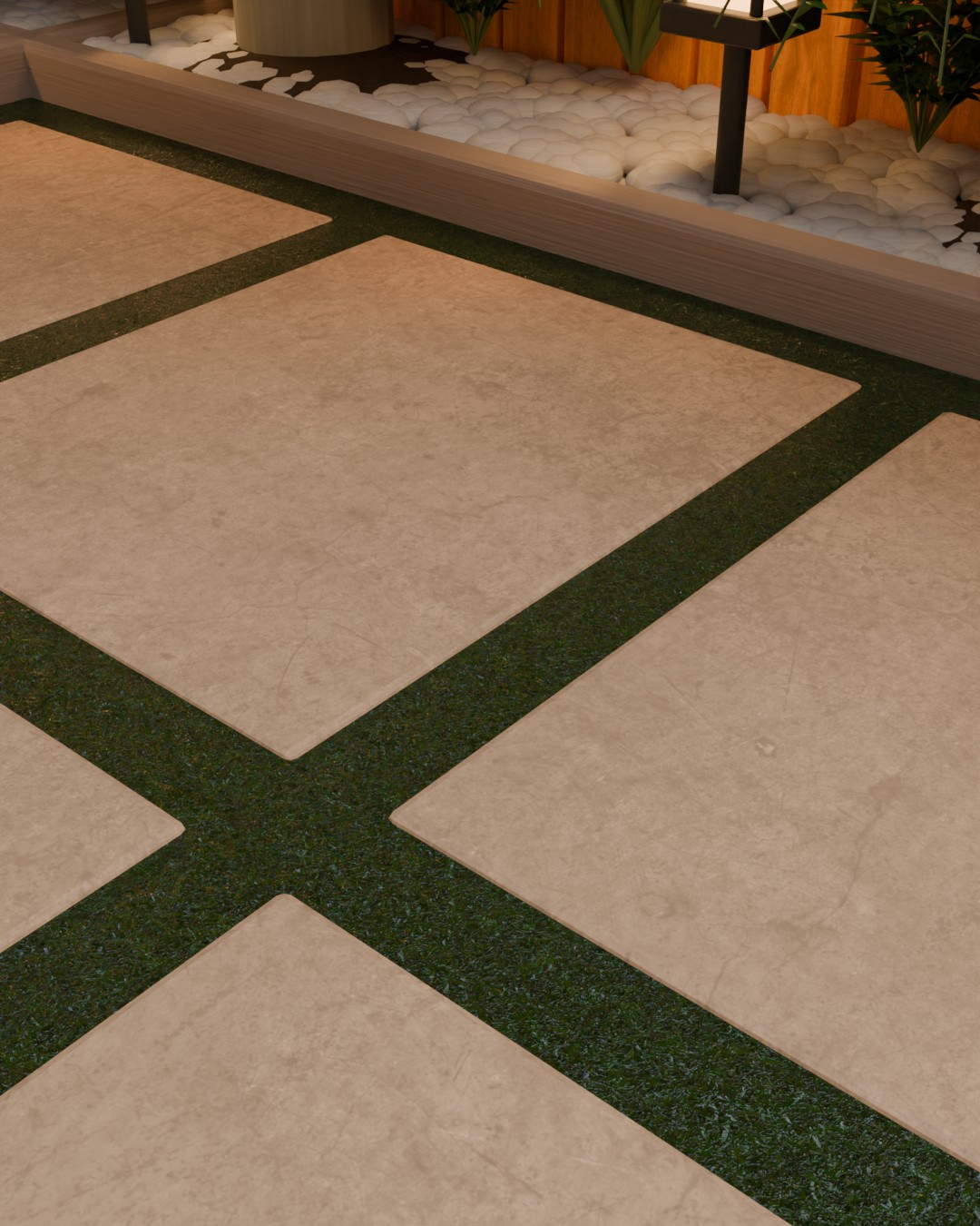 Detalhe do paver e das juntas verdes